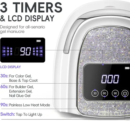Vista 13 de COSCELIA Lámpara de uñas U V, inalámbrica, recargable, luz UV para uñas de gel, sensor automático profesional, 3 temporizadores, secado rápido