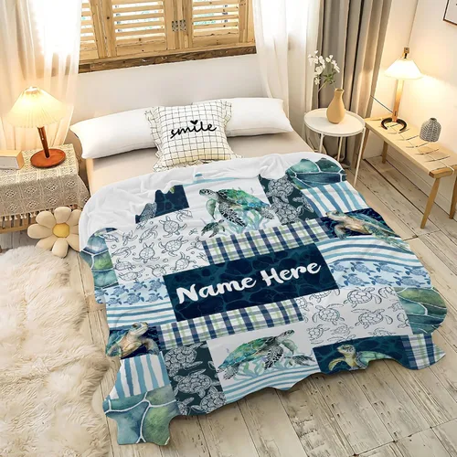 Vista 2 de Manta de franela de vellón personalizada con nombre de tortugas marinas, ligera, suave, bonita y acogedora manta para cama, sofá, viajes al aire