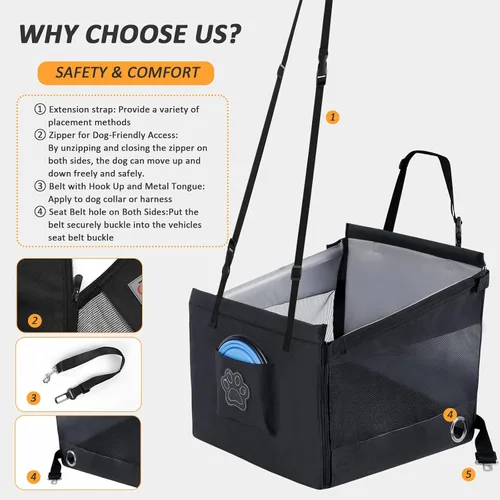 Vista 3 de Asiento de automóvil para perros para viajes de mascotas con almohadilla impermeable, hamaca para perro de medio asiento, gancho para arnés, malla