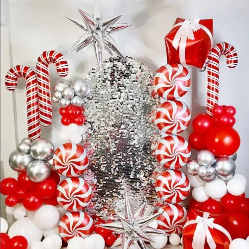 Vista 5 de Kit de arco de guirnalda de globos de Navidad, 148 unidades, globos rojos y blancos rubí, bastón de caramelo, piruleta, explosión, estrella, globos