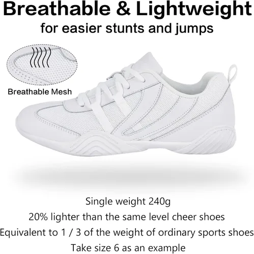 Vista 2 de CADIDL Zapatos de porrista para mujeres blancos, zapatos de baile atlético de porristas para niñas, zapatos planos de tenis para caminar, zapatillas