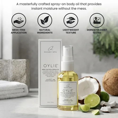 Vista 2 de QTICA Oylie Spray On Total Repair - Aceite corporal ligero en aerosol con jojoba natural y aceite de argán para una humedad instantánea, acabado