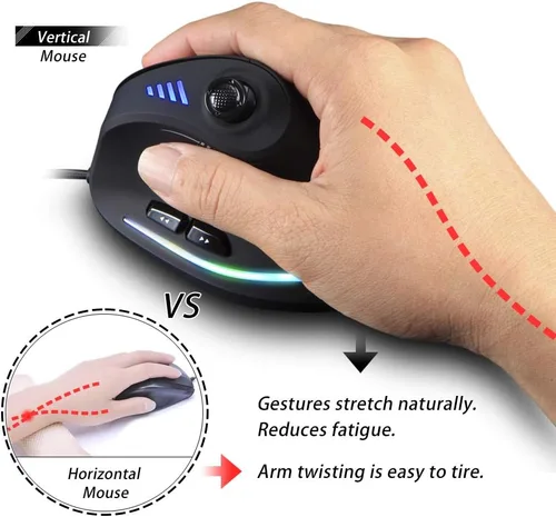 Vista 5 de Ratón vertical, ergonómico USB con cable vertical con [5 D Rocker] [10000 DPI] [11 botones programables], mouse RGB