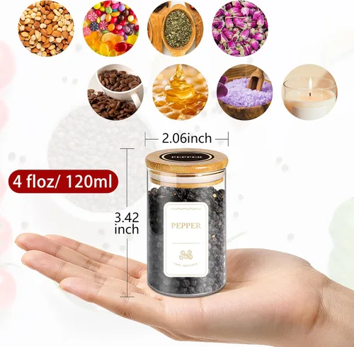 Vista 2 de BGraceyy Tarros de especias con etiquetas, 35 tarros de especias de vidrio de 4 onzas con tapas de bambú, recipientes herméticos apilables