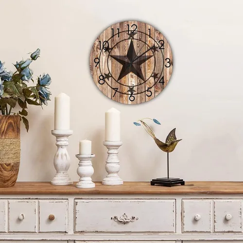 Vista 3 de Reloj de pared redondo rústico con estrella de Texas, funciona con pilas, sin tictac, silencioso para colgar en la pared, reloj de madera, vintage
