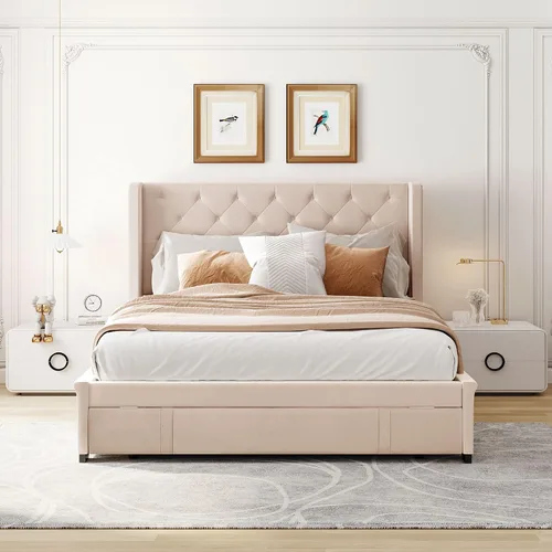 Vista 3 de Moderna cama de almacenamiento de madera, cama de plataforma tamaño Queen con un cajón grande, cama de plataforma tapizada de terciopelo
