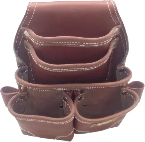 Vista 3 de Funda para uñas de carpintero de cuero dorado 3350DP, cuero marrón, 5 bolsillos Cuero curtido al aceite con costuras reforzadas y 2 presillas