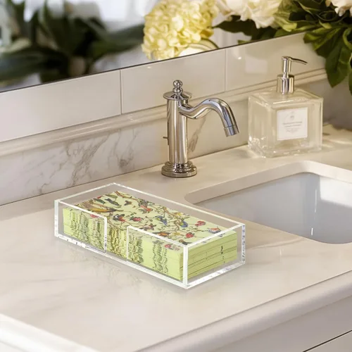 Vista 5 de Kordory Bandeja con soporte para toallas de invitados de acrílico para baño, soporte transparente rectangular para servilletas de baño para cocina