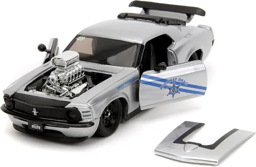 Vista 5 de Jada Big Time Muscle 1:24 1970 Ford Mustang Boss 429 - Auto fundido a presión, juguetes para niños y adultos (rayas plateadas/azules)