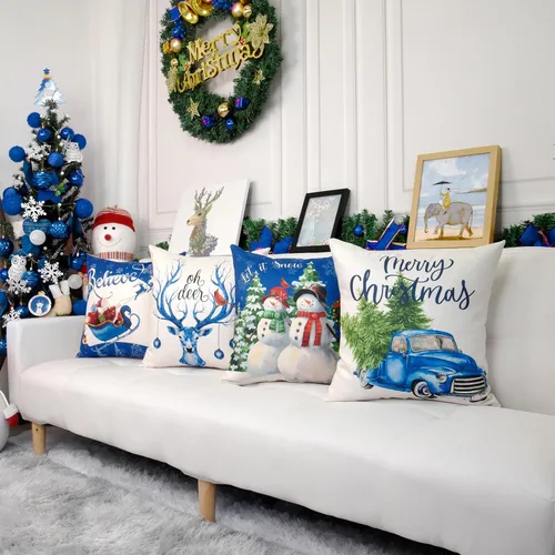 Vista 2 de Coliuso Fundas de Almohadas Decorativas Azules de Navidad 16x16 Juego de 4 Serie Navideña Fundas de Cojines Navideños Decoraciones de Navidad