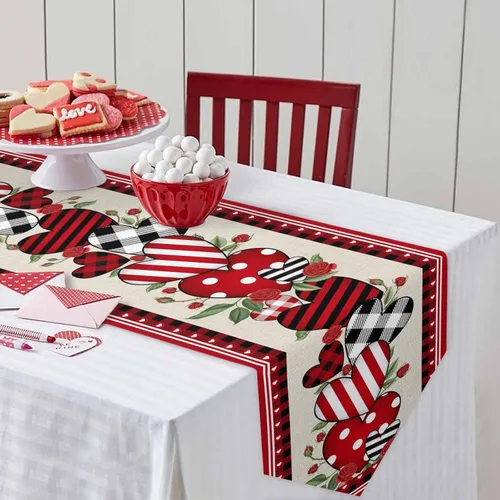 Vista 4 de Camino de mesa de corazón de amor para el día de San Valentín, camino de mesa de arpillera antideslizante, decoración retro de lino para casa