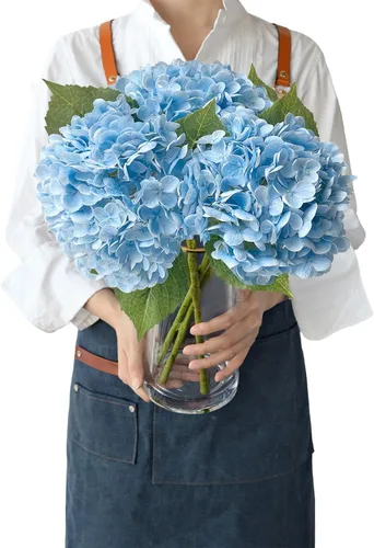 Vista 8 de JINWOE Hortensias artificiales de tacto real, 3 piezas de 21 pulgadas, flores de seda de látex real grandes, tallos largos, ramo de flores falsas
