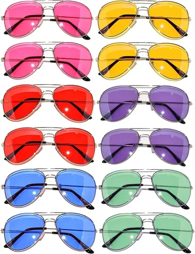 Vista 41 de OWL Paquete de 12 lentes de sol de aviador a granel de metal dorado, plateado, marco negro para hombres y mujeres, gafas de fiesta