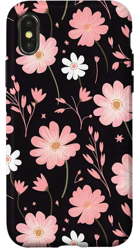 Vista 4 de iPhone 14 elegante flores rosas sobre un fondo negro patrón floral caso