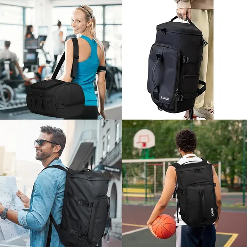 Vista 5 de Bolsa de gimnasio para mujeres y hombres, bolsa de lona deportiva, mochila de viaje, bolsa de fin de semana con compartimento para zapatos, Negro