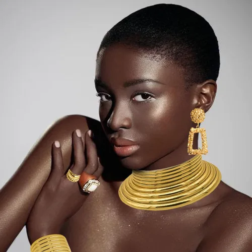 Vista 6 de RDKOEAKEL 7 PCS African National Vintage Gold Flamboyant Jewelry Set Egypt Choker Bracelet African Nose Rings Hoop Chain Earrings for women