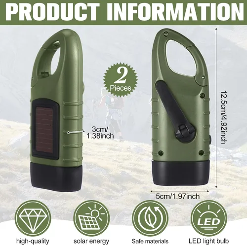Vista 2 de Leelosp - Linterna solar de emergencia con manivela, 2 unidades, color verde militar Rechargeable Dynamo Flashlight, Wind up for Outdoor Hiking