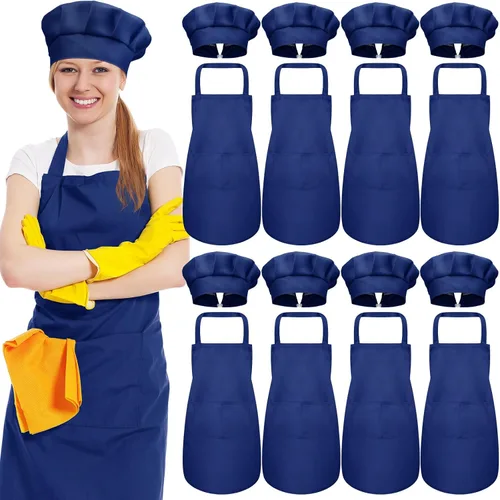 Vista 13 de SATINIOR Juego de 8 delantales de chef, sombrero de chef ajustable y delantal con bolsillos para adultos, mujeres y hombres cocineros