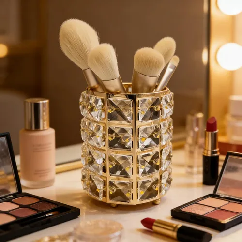 Vista 3 de Organizador de brochas de maquillaje, caja de almacenamiento de cosméticos con cristales brillantes para cepillos, peines y bolígrafos, contenedor