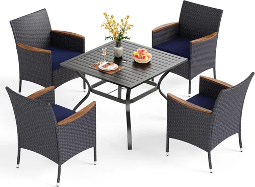 Vista 13 de PHI VILLA Juego de comedor al aire libre de 5 piezas para 4, mesa de comedor cuadrada de metal y sillas de mimbre de ratán con cojines, muebles