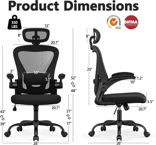 Vista 2 de Office Chair, Ergonomic Computer Desk Chair with 3D Headrest Comfy Home Office Desk Chair with Adjustable Lumbar Support & Flip-up Armrests