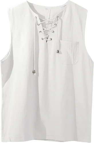 Vista 2 de utcoco Men's Summer Beach Hippie Sleeveless Shirts Lace Up Cotton Linen Tank Tops with Pocket