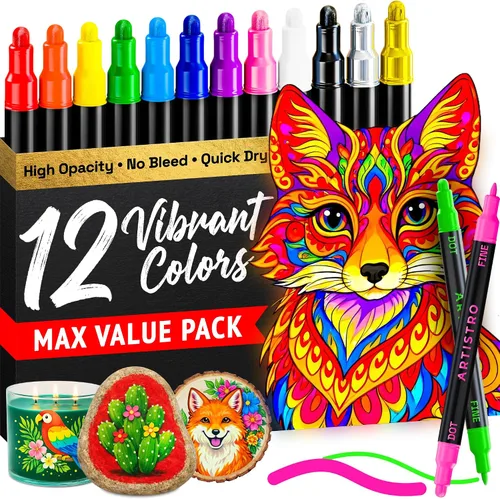Vista 32 de ARTISTRO 5 marcadores negros de pintura acrílica de doble punta, juego de bolígrafos de pintura con puntos y puntas finas para tela, rocas, vidrio