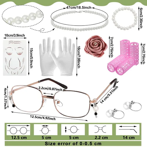 Vista 2 de Yingzhao 20 piezas de disfraz de anciana de Halloween para abuela, peluca de abuelita, vestido de tatuajes antiarrugas con rodillos, gafas de caña