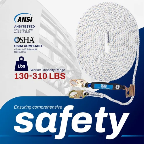 Vista 3 de Ensamble de Línea de Vida Vertical Palmer Safety - Arnés de Cuerda de 25 Pies de Seguridad con Agarre de Cuerda - Kit de Protección contra Caídas