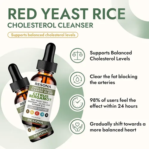 Vista 3 de RESONA Gotas de arroz de levadura roja, mezcla de apoyo de colesterol de alta absorción con bergamota cítrica, hoja de olivo y guanábana - Natural