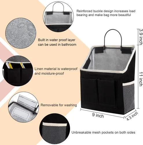 Vista 4 de LYroo Paquete de 2 cestas organizadoras negras para colgar en la pared con bolsillos para baño, dormitorio, cocina, dormitorio, artículos esenciales