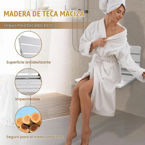 Vista 3 de Asiento de ducha plegable de teca montado en la pared, banco de ducha plegable de 16 pulgadas, carga máxima de 400 libras, diseño plegable que Blanco