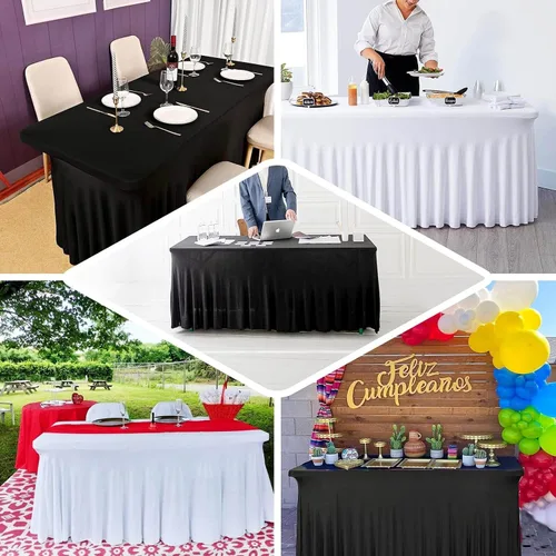 Vista 5 de Efavormart - Falda de mesa rectangular de una pieza de elastano de 6 pies, color negro, con volantes
