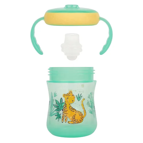 Vista 2 de The First Years Vasos de entrenamiento de boquilla suave para niños pequeños, diseño de leopardo y tucán, copas para beber con temática de selva
