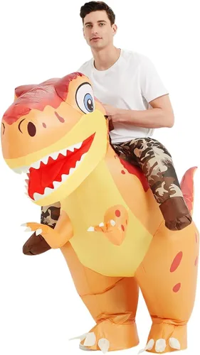 Vista 2 de COMIN Disfraz inflable de dinosaurio para adultos, disfraz de dinosaurio inflable de Trex, disfraz naranja para fiesta de Halloween