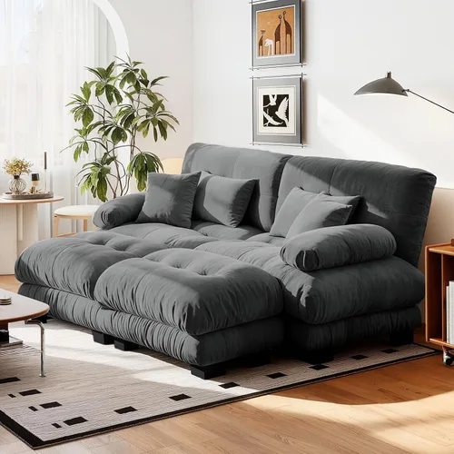 Vista 11 de Reposapiés Otomano Tapizado de Terciopelo con Cojín para Sofá Seccional Sofá 300 libras para Sala de Estar (Beige)