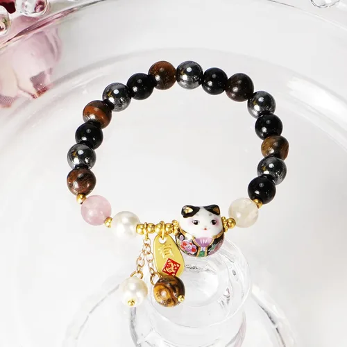Vista 5 de Pulsera de gato de la suerte Feng Shui, joyería de buena suerte para mujer, protección de riqueza y fortuna, pulseras de cristal de piedras