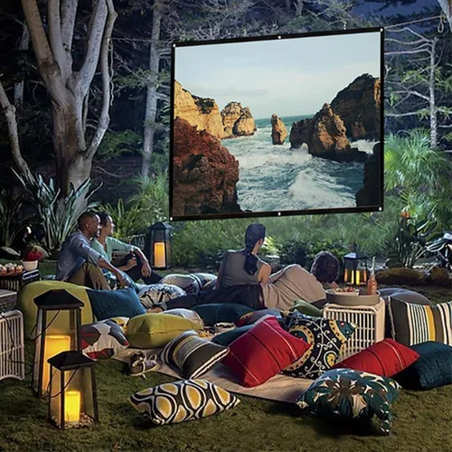 Vista 4 de Pissente Pantalla de proyector portátil, cortina de proyección HD plegable 16:9 con agujeros de perforación para cine en casa, películas al aire