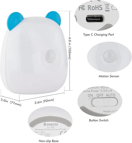 Vista 7 de G Keni Luz nocturna LED con sensor de movimiento para niños, guardería y adultos, batería recargable, 4000 K, luz blanca cálida activada por Azul