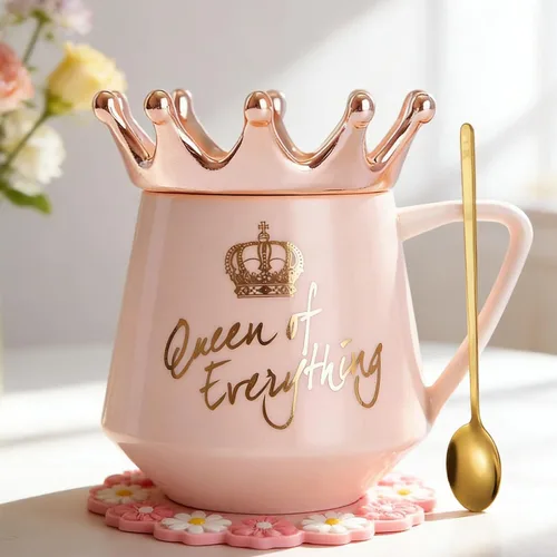 Vista 10 de Arawat Queen of Everything - Taza con tapa, taza negra dulce con corona de café, taza de 12 onzas, regalo con cuchara y posavasos, taza de té