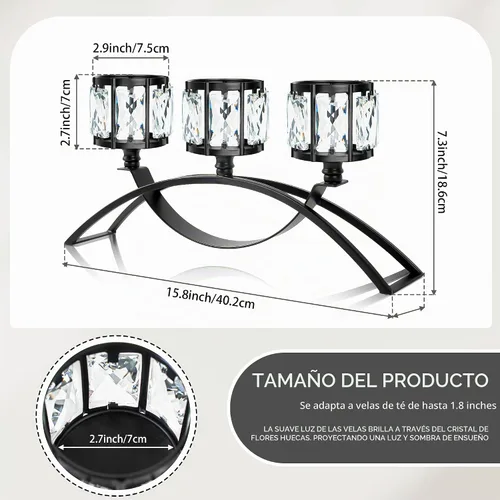 Vista 3 de Candelabro votivo de 3 brazos, candelabros de cristal, centros de mesa de boda para mesas, candelabros de cristal, decoración de mesa (negro)