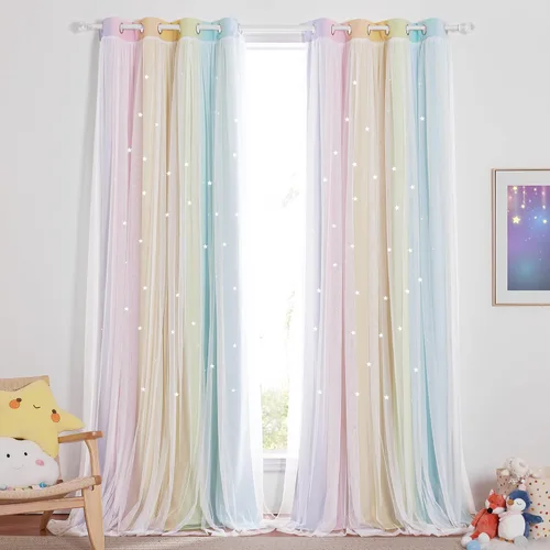 Vista 32 de NICETOWN Cortinas para Dormitorio de Niñas Infantiles con Estrellas Caladas Ventana 2 Capas Cortina 63 Pulgadas de Longitud Oscurecimiento