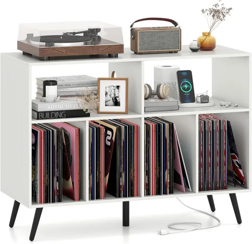 Vista 10 de GIANTEX Soporte grande para tocadiscos con estación de carga, soporte para tocadiscos con capacidad para hasta 300 álbumes, mesa de tocadiscos