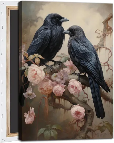 Vista 10 de Lienzo de cuervo para pared, imágenes de cuervo negro, arte de pared gótico de cuervo, arte gótico vintage, pintura de academia oscura, obra de arte