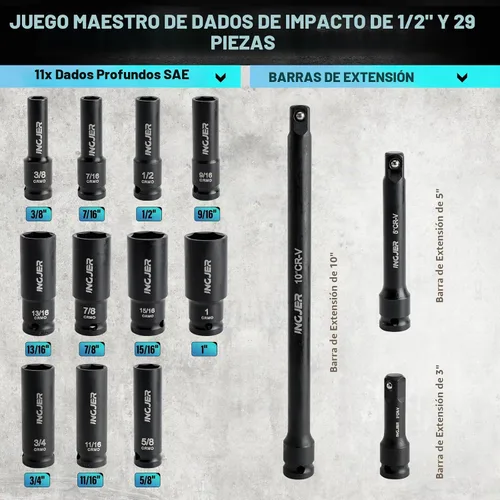 Vista 4 de Juego de llaves de impacto de 1/2", juego de llaves de impacto profundo de 29 piezas, CR-MO SAE y métrico