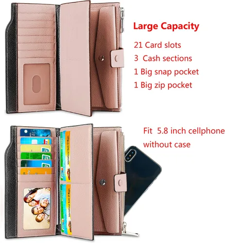 Vista 4 de YALUXE Cartera de piel auténtica para mujer, con bloqueo RFID, tarjetero múltiple con bolsillo para teléfono celular