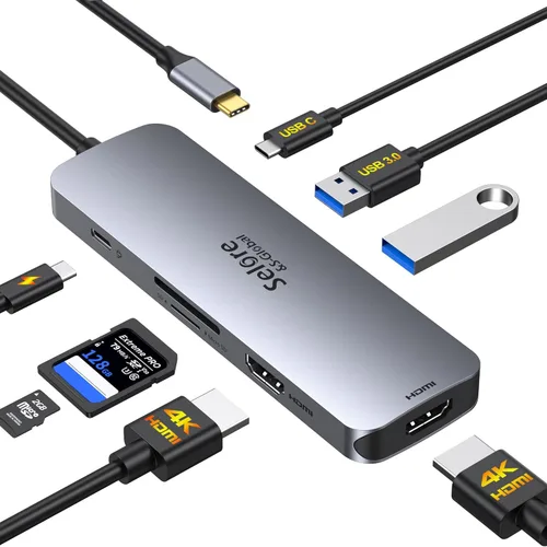 Vista 9 de Estación de acoplamiento USB C Monitor HDMI dual, adaptador USB C a HDMI dual con 2 puertos HDMI, carga PD, SD/TF, puertos USB A y C 3.0, estación