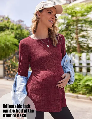 Vista 3 de Ekouaer Women's Maternity Long Sleeve Shirts Pregnancy Shirt Casual Ribbed Knit Pregnant Blouses S-XXL