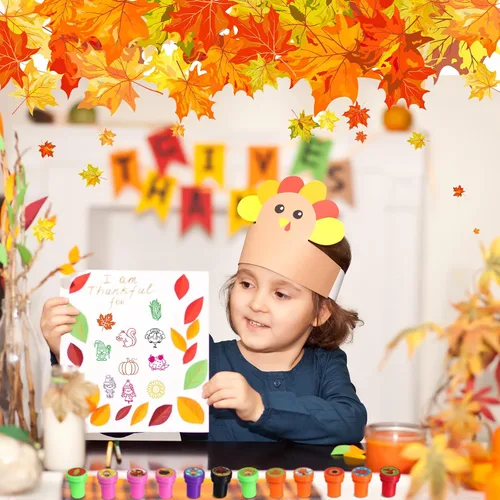 Vista 3 de Jenaai 24 sellos de otoño para niños, regalos de fiesta de otoño, sellos de tinta a granel, regalos de fiesta de Acción de Gracias, varios sellos