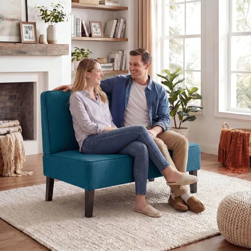 Vista 7 de Acolchado Lino sin brazo settee Loveseat sofá Home informal sala dormidor, Tela, Azul